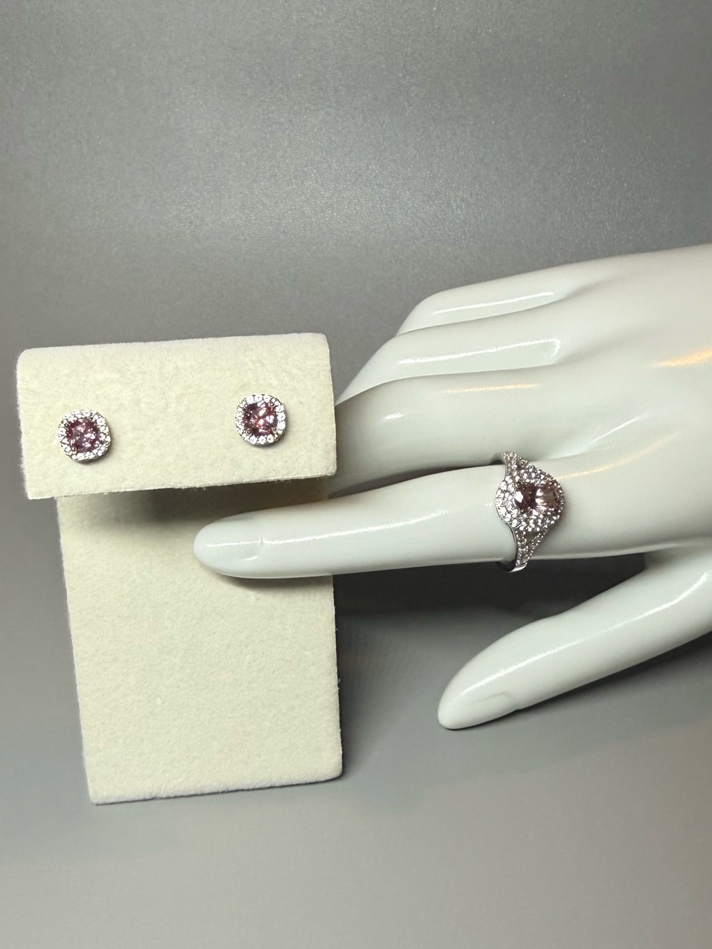 Macy's Pink Halo Cubic Zirconia Ring and Earrings Set in Silver Tone